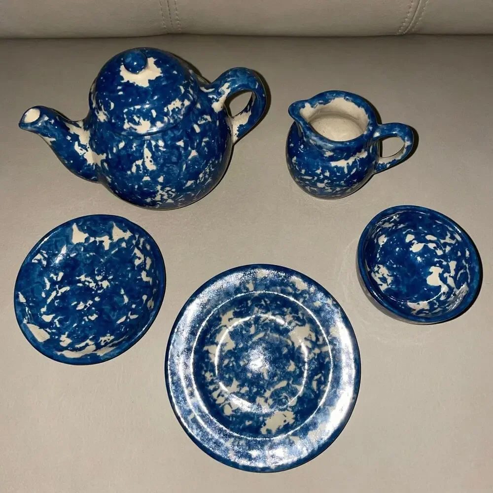 Rare 1987 Signed Barb Hall Miniature 5pc Blue Spongeware Tea Set 